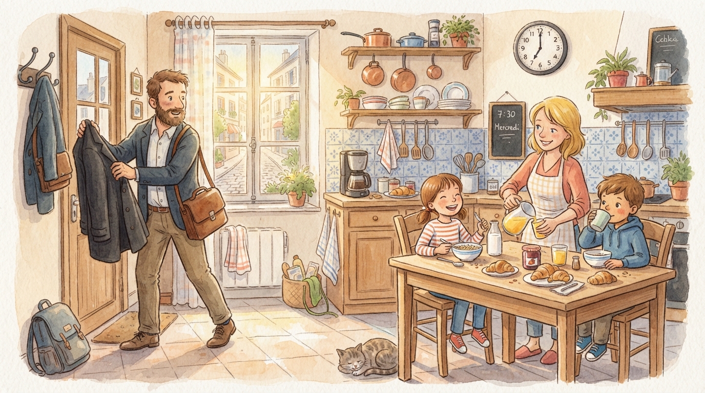 Dans la cuisine, le matin, Monsieur Vidal enfile son manteau pendant que Corinne et Fabrice prennent leur petit-déjeuner : le début de sa première journée de travail à Paris